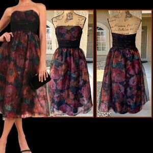 Lulus Black Floral Organza Mesh Strapless Midi Splendidly Yours Dress Size XL